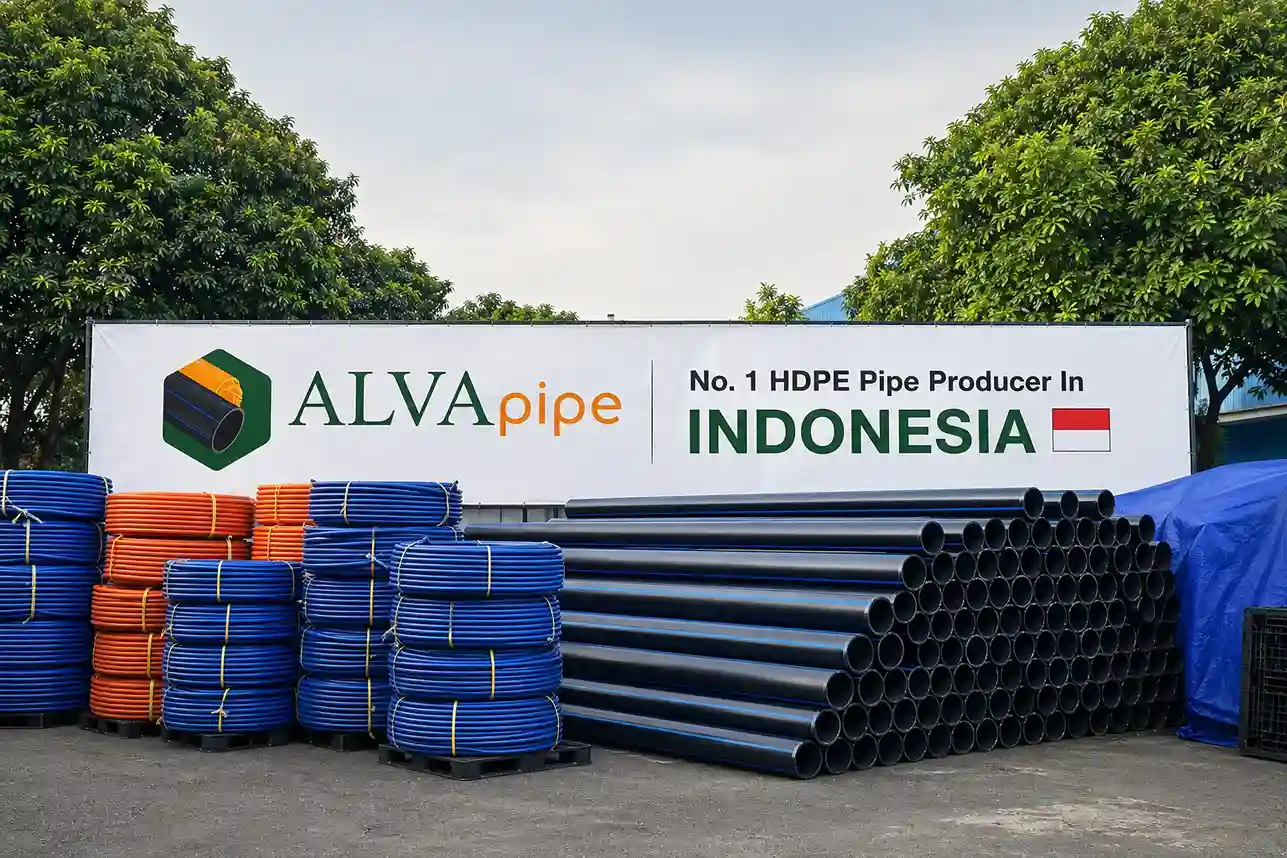 Tumpukan pipa air HDPE ALVApipe di luar ruangan.