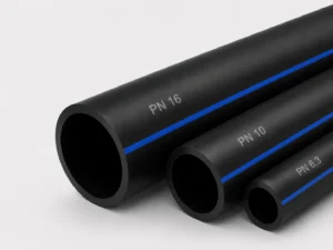 HDPE water pipes with PN 6.4, PN 10, and PN 16 pressure ratings.