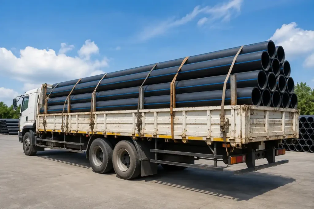 Pengiriman pipa air HDPE menggunakan truk.