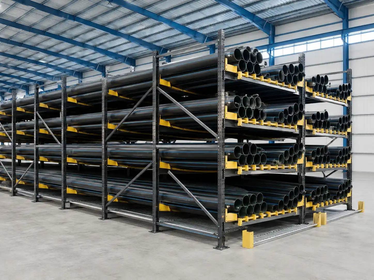 HDPE water pipe storage in the warehouse