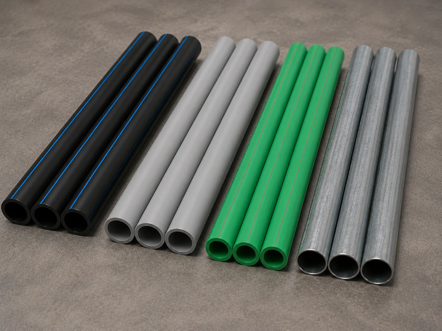 Jenis material pipa HDPE, pipa PVC, pipa PPR, dan pipa besi.