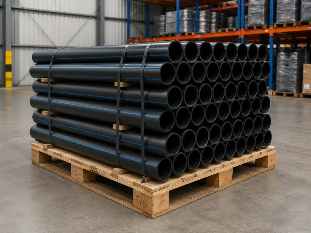 Pipa HDPE di atas pallet kayu