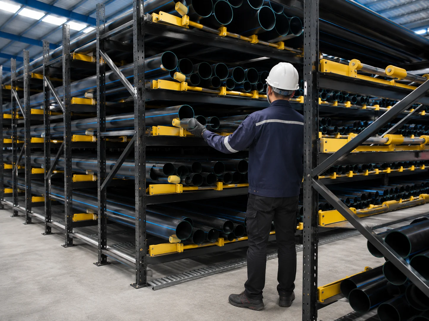 Operator selecting HDPE water pipes in the warehouse