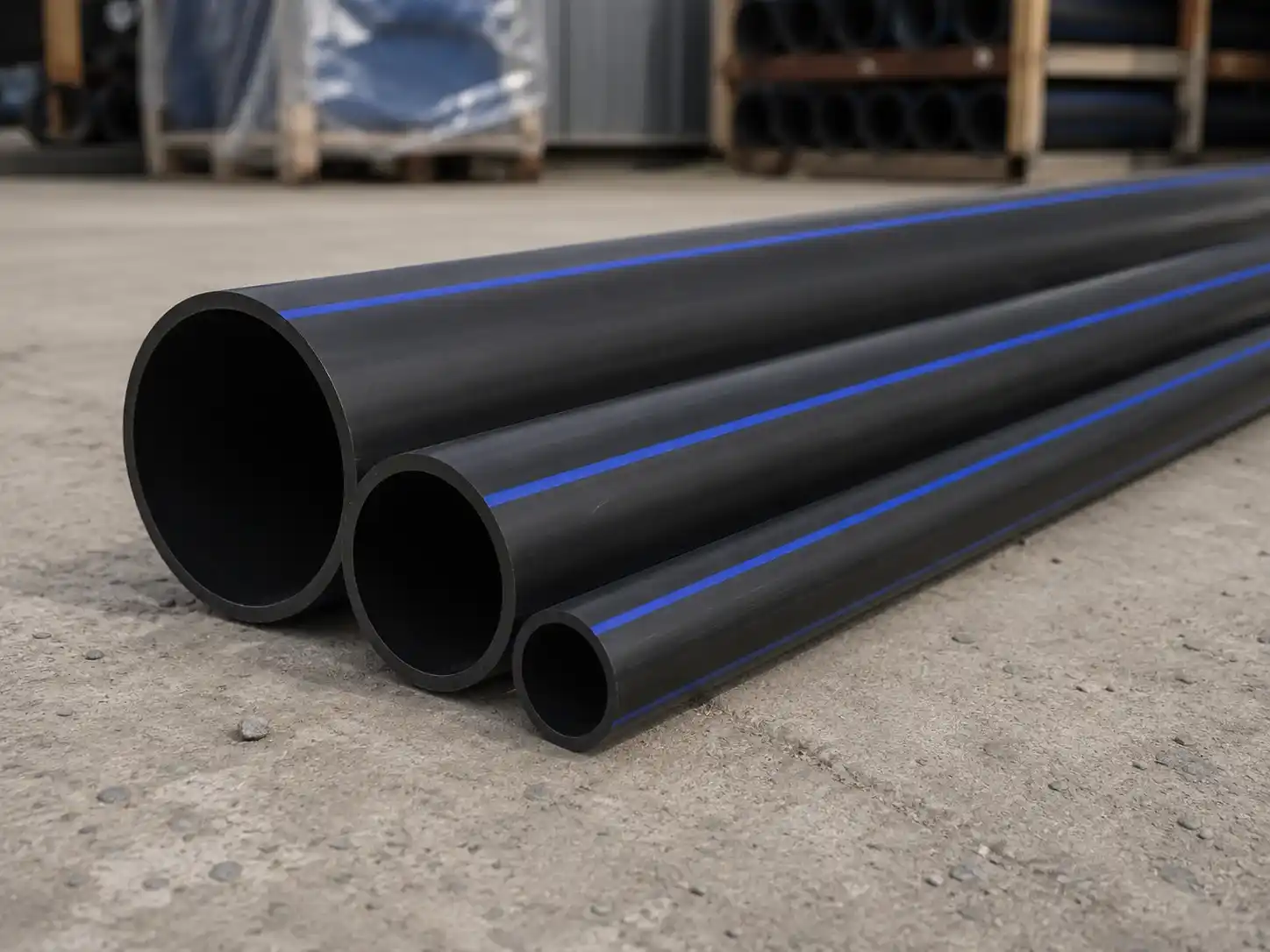 Pipa HDPE berjejer dengan ukuran berbeda
