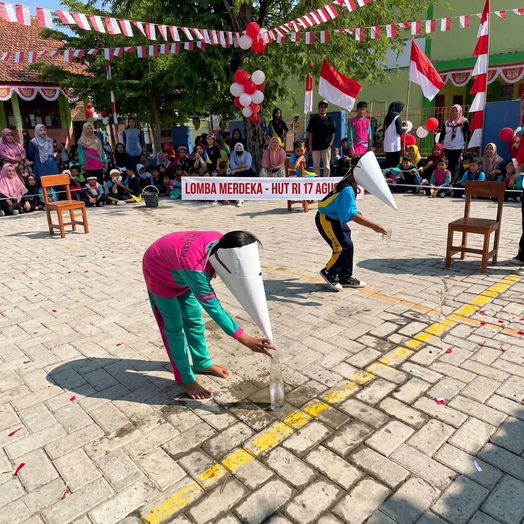 Participants transfer water through a funnel into a container at the finish line during the Funnel Water Game.