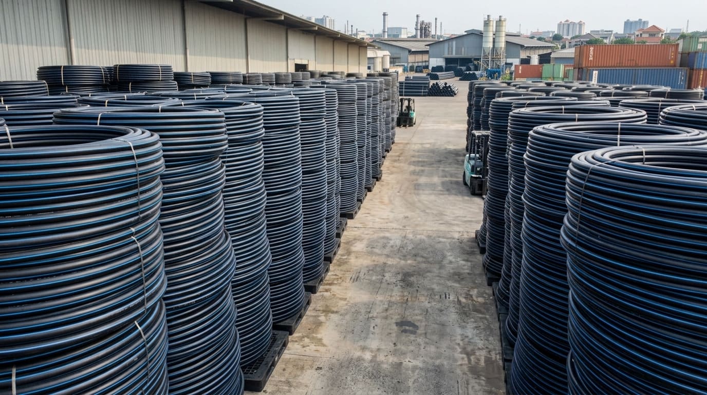 Stacks of ALVApipe HDPE and PPR water pipes in a Tangerang factory warehouse, ready to be distributed for clean water installation needs in projects and residential properties.