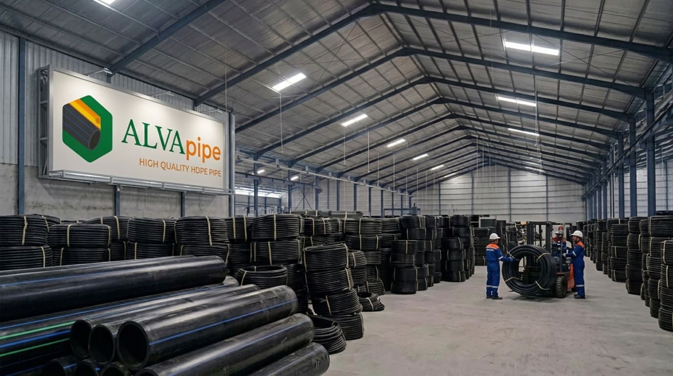 Gudang pabrik ALVApipe di Tangerang dengan stok pipa HDPE, PPR, Sub-Duct telekomunikasi, dan pipa gas yang siap memenuhi kebutuhan proyek, distributor, serta instalasi hunian.