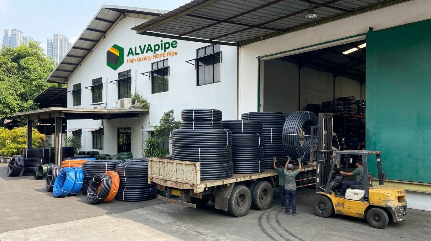 ALVApipe HDPE pipe factory and warehouse in Tangerang with production capacity ready to meet the needs of projects, building material stores, and residential installations.