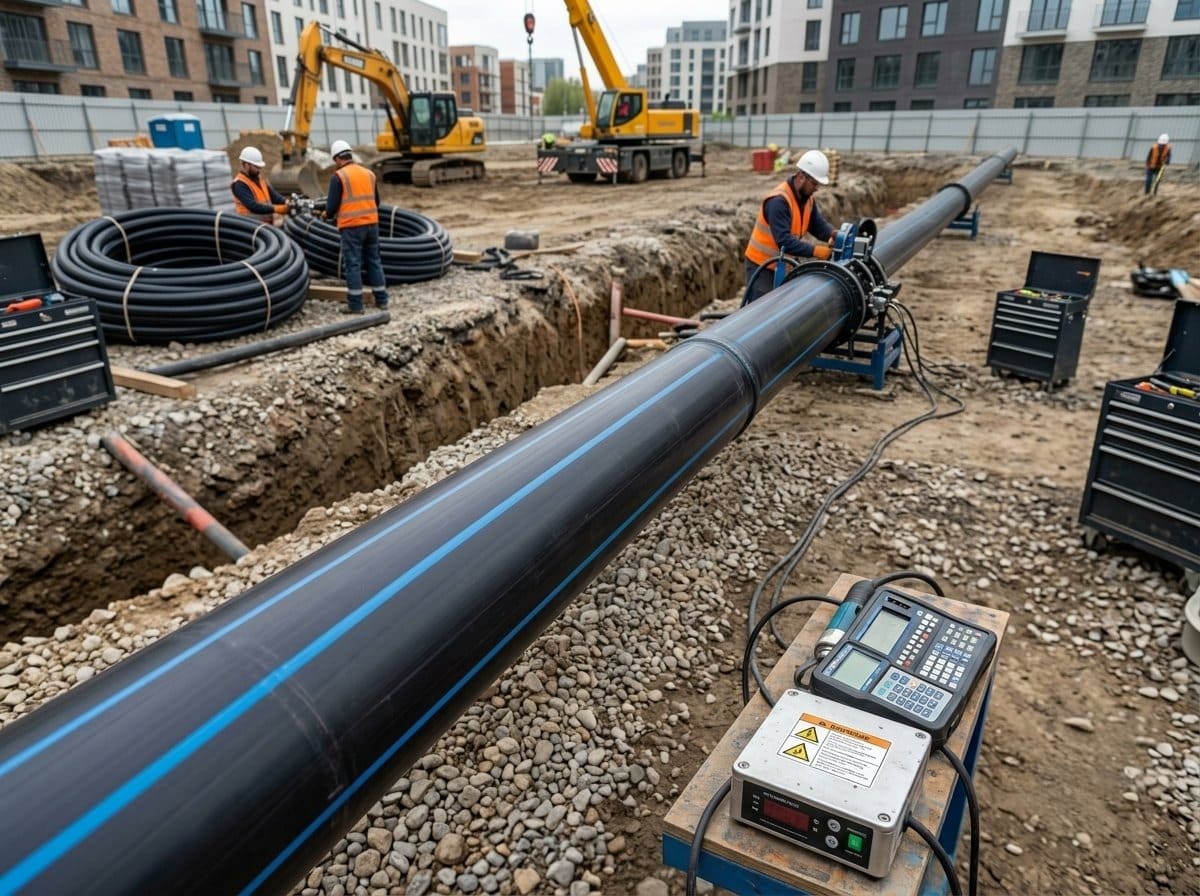 ALVApipe HDPE pipe joint testing process in a clean water installation to ensure the piping system is strong, neat, and leak-free.