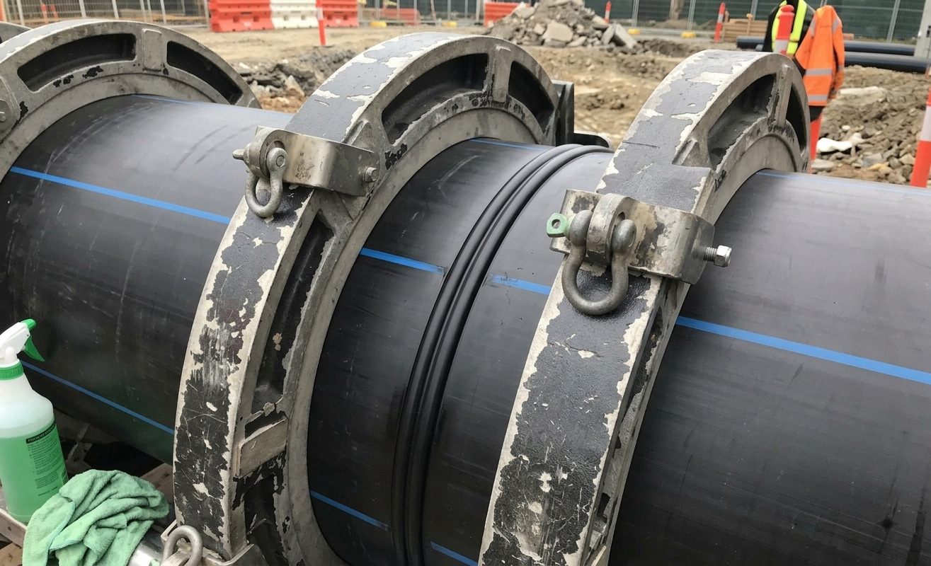 ALVApipe HDPE pipe joining process using a Butt Fusion machine for a strong and pressure-resistant water network installation.