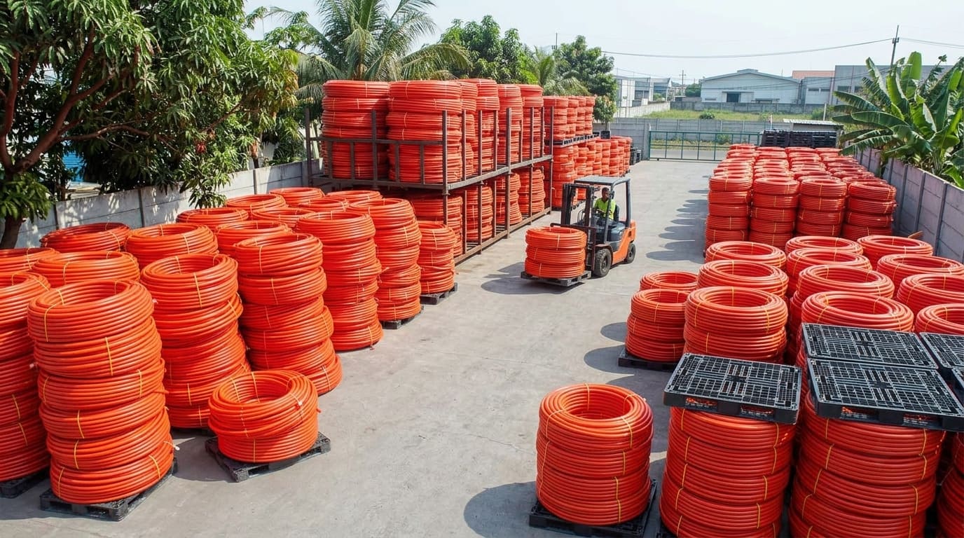 Tumpukan pipa HDPE Sub-Duct Telkom warna oranye ALVApipe di kawasan industri Jatake, Tangerang, siap dikirim untuk kebutuhan proyek jaringan fiber optik.