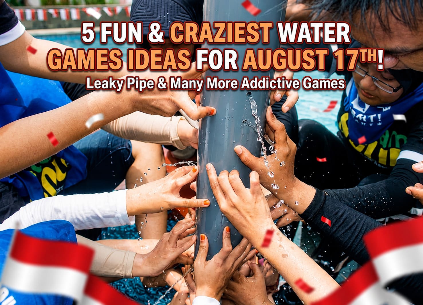 A lively atmosphere of 17 August water games participated by children and adults during Indonesia's Independence Day celebration.