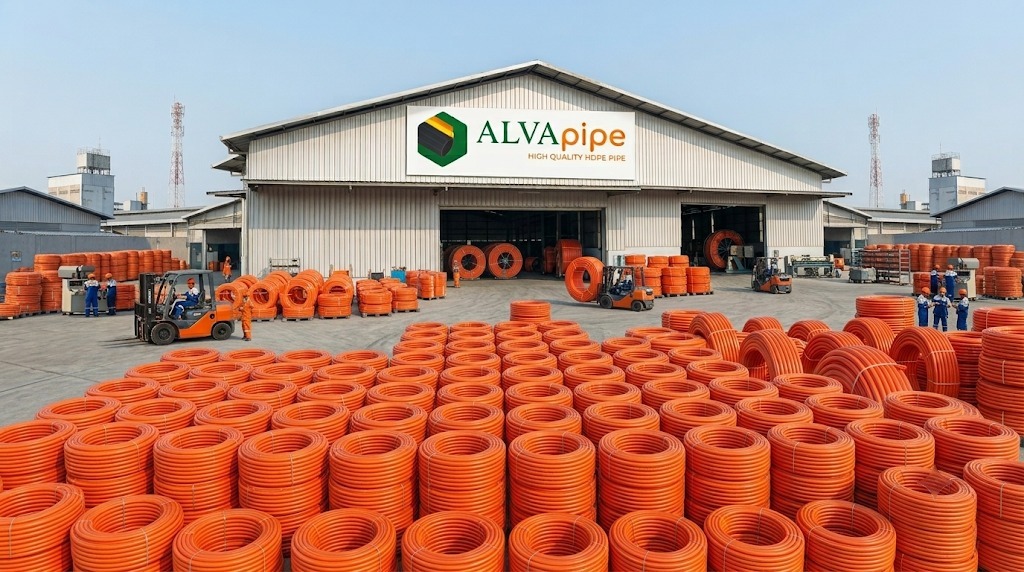 Orange ALVApipe HDPE Telecommunication Sub-Duct pipe coils at the production facility in Tangerang, ready for underground fiber optic cable installation.