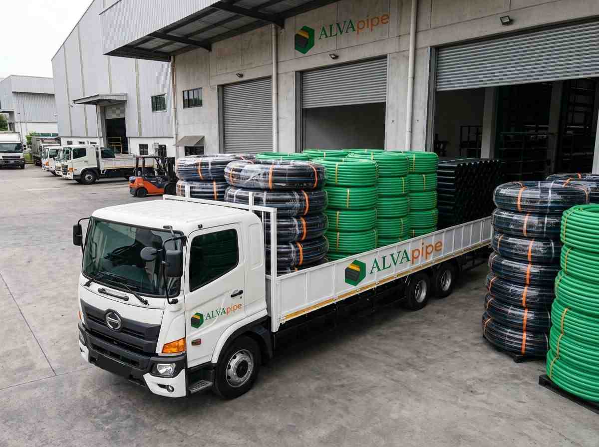 Armada pengiriman pipa HDPE dan PPR ALVApipe dari pabrik Jatake Tangerang untuk kebutuhan proyek dan toko material di seluruh Indonesia.