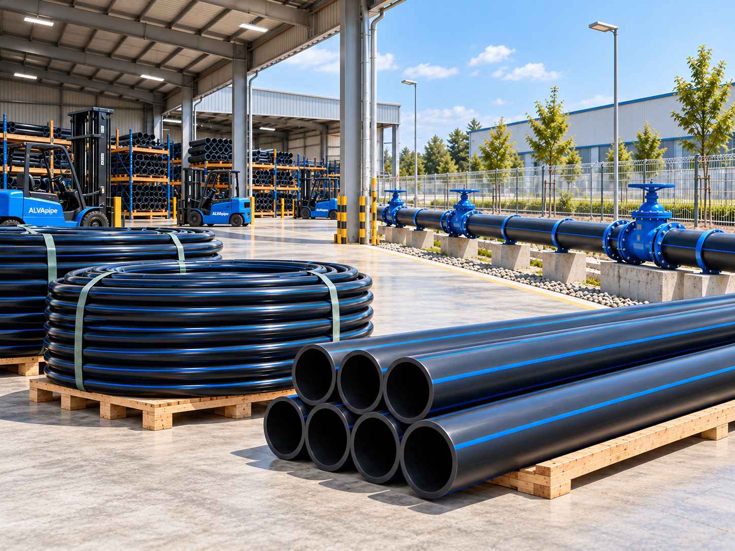 Recommended HDPE pipe distributor for Karawang and Cikarang, featuring ALVApipe Water PE-100 pipes for various water installation applications.