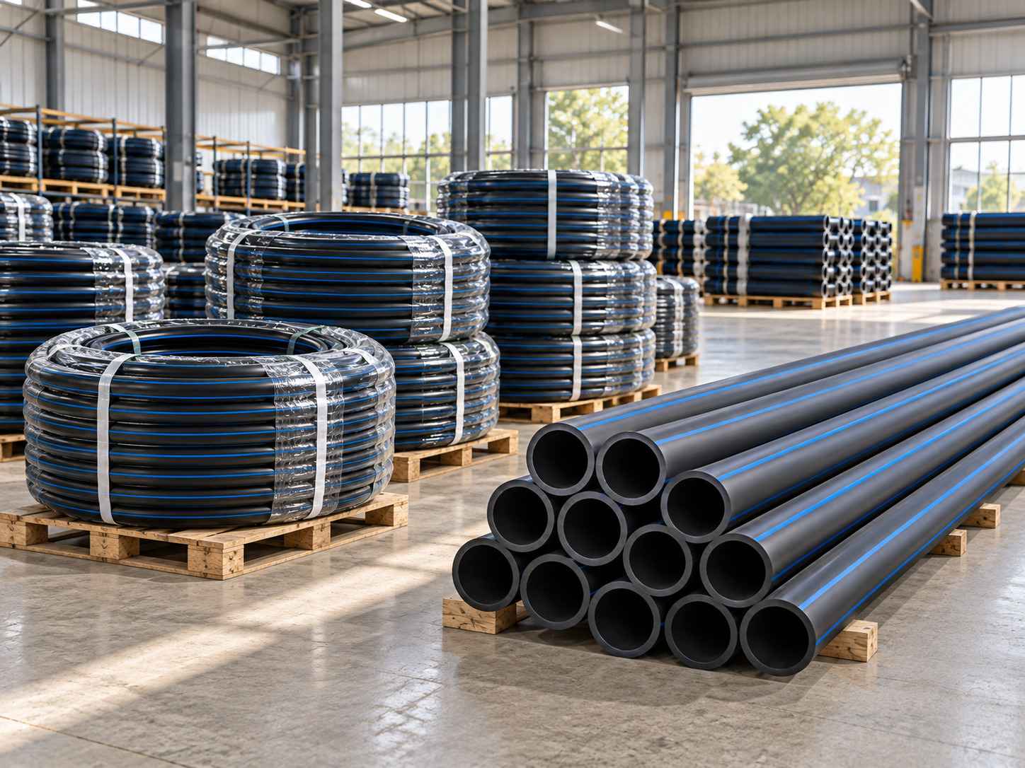 ALVApipe HDPE pipes made from virgin-grade PE-100 polyethylene for water supply systems.