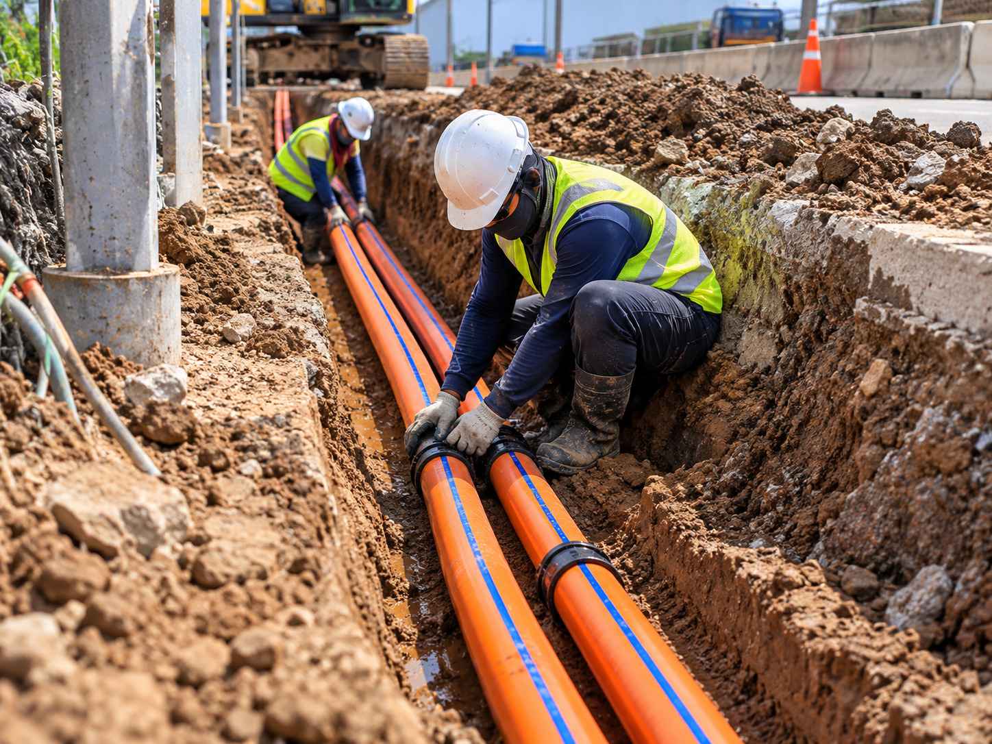 Pipa Sub-Duct HDPE ALVApipe untuk melindungi kabel fiber optik pada proyek jaringan telekomunikasi di kawasan industri Karawang dan Cikarang.