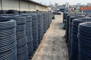 Tumpukan pipa air HDPE dan PPR ALVApipe di gudang pabrik Tangerang yang siap didistribusikan untuk kebutuhan instalasi air bersih proyek maupun hunian.