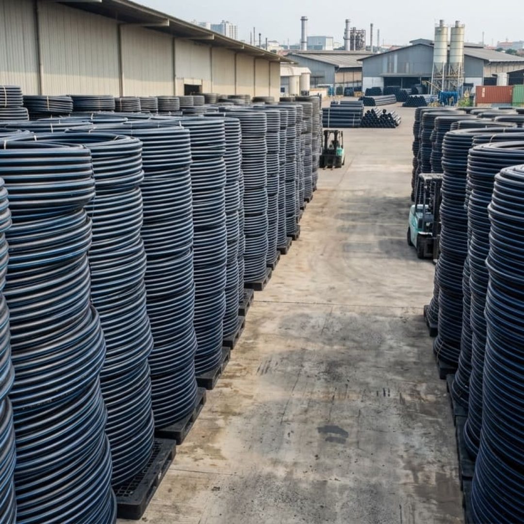 Tumpukan pipa air HDPE dan PPR ALVApipe di gudang pabrik Tangerang yang siap didistribusikan untuk kebutuhan instalasi air bersih proyek maupun hunian.
