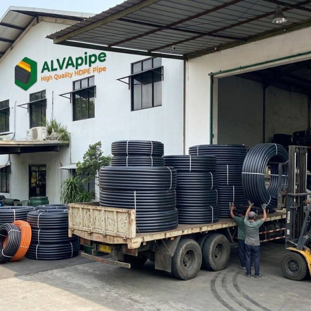 ALVApipe HDPE pipe factory and warehouse in Tangerang with production capacity ready to meet the needs of projects, building material stores, and residential installations.