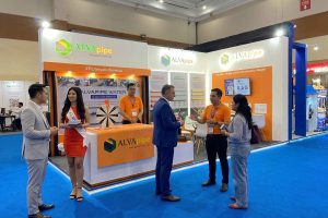 ALVApipe booth at Water Indonesia 2026 at JIExpo Kemayoran, featuring HDPE, PPR, telecommunications, and gas piping solutions.