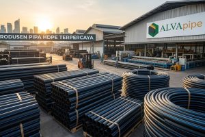 Tumpukan pipa HDPE air bersih ALVApipe warna hitam bergaris biru di area pabrik Tangerang yang siap didistribusikan untuk proyek jaringan air bersih.