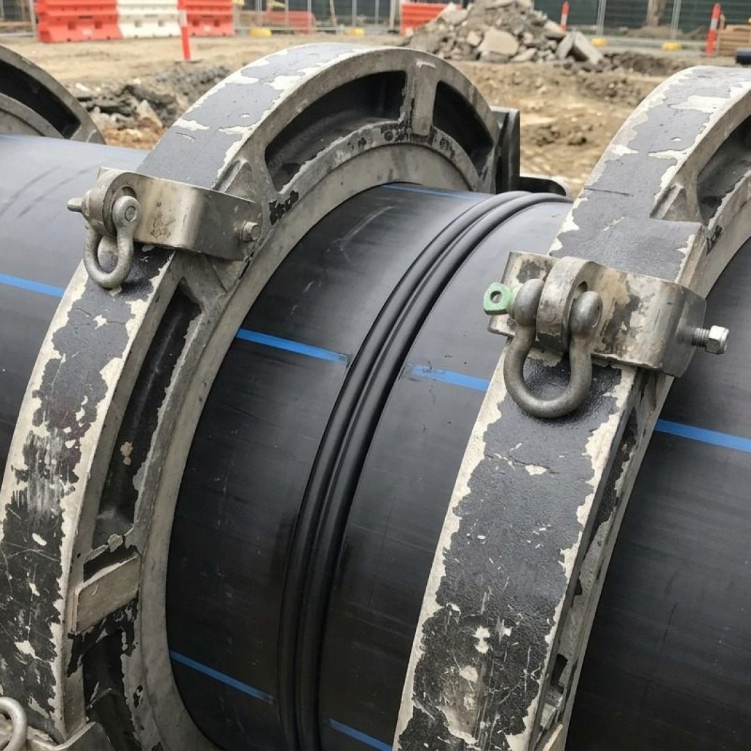 Proses penyambungan pipa HDPE ALVApipe menggunakan mesin Butt Fusion untuk instalasi jaringan air yang kuat dan tahan tekanan.