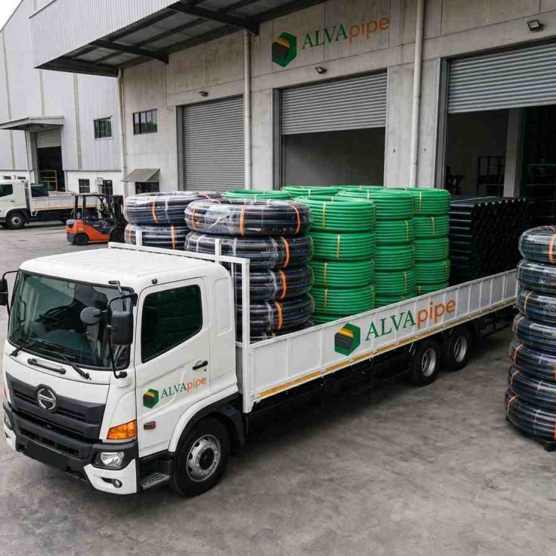 Armada pengiriman pipa HDPE dan PPR ALVApipe dari pabrik Jatake Tangerang untuk kebutuhan proyek dan toko material di seluruh Indonesia.