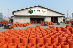 Gulungan pipa Sub-Duct Telecommunication HDPE warna oranye ALVApipe di fasilitas produksi Tangerang yang siap digunakan untuk instalasi kabel fiber optik bawah tanah.
