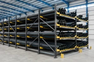 HDPE water pipe storage in the warehouse