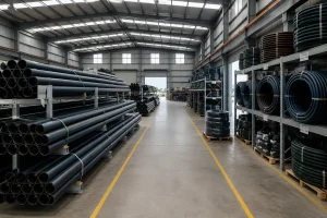 HDPE pipes stored in the warehouse