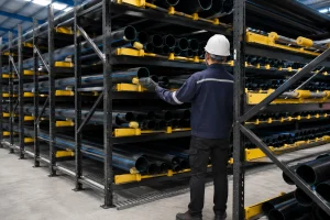 Operator selecting HDPE water pipes in the warehouse