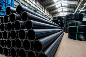 Stacks and coils of black ALVApipe HDPE water pipes with blue stripes in a warehouse