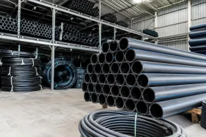 Stacks of HDPE water pipes in a warehouse